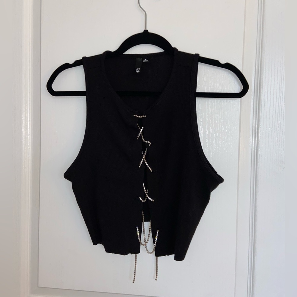 Garage Black Rhinestone Lace Up Top